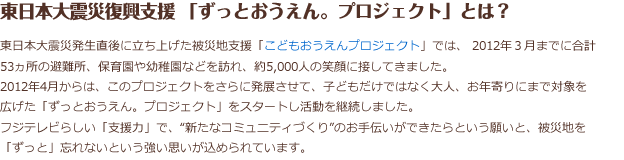 失われたコミュニティの新たな形成をめざして。　息の長い支援を継続中！ 東日本大震災発生直後に立ち上げた被災地支援「こどもおうえんプロジェクト」では、2012年3月までに合計53ヶ所の避難所、保育園や幼稚園などを訪れ、約5,000人の笑顔に接してきました。2012年4月からは、このプロジェクトをさらに発展させて、子どもだけではなく大人、お年寄りにまで対象を広げた「ずっとおうえん。プロジェクト」をスタート。 フジテレビらしい「支援力」で、みんなが集うことで”新たなコミュニティづくり”のお手伝いができたら…と願っています。「ずっとおうえん。プロジェクト」で　これからも被災地のみなさんをおうえんしていきます。
